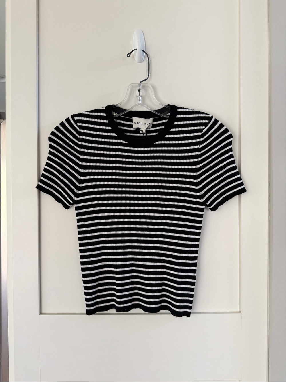 Miou Muse  Black & White Striped Short Sleeve Ribbed Tee